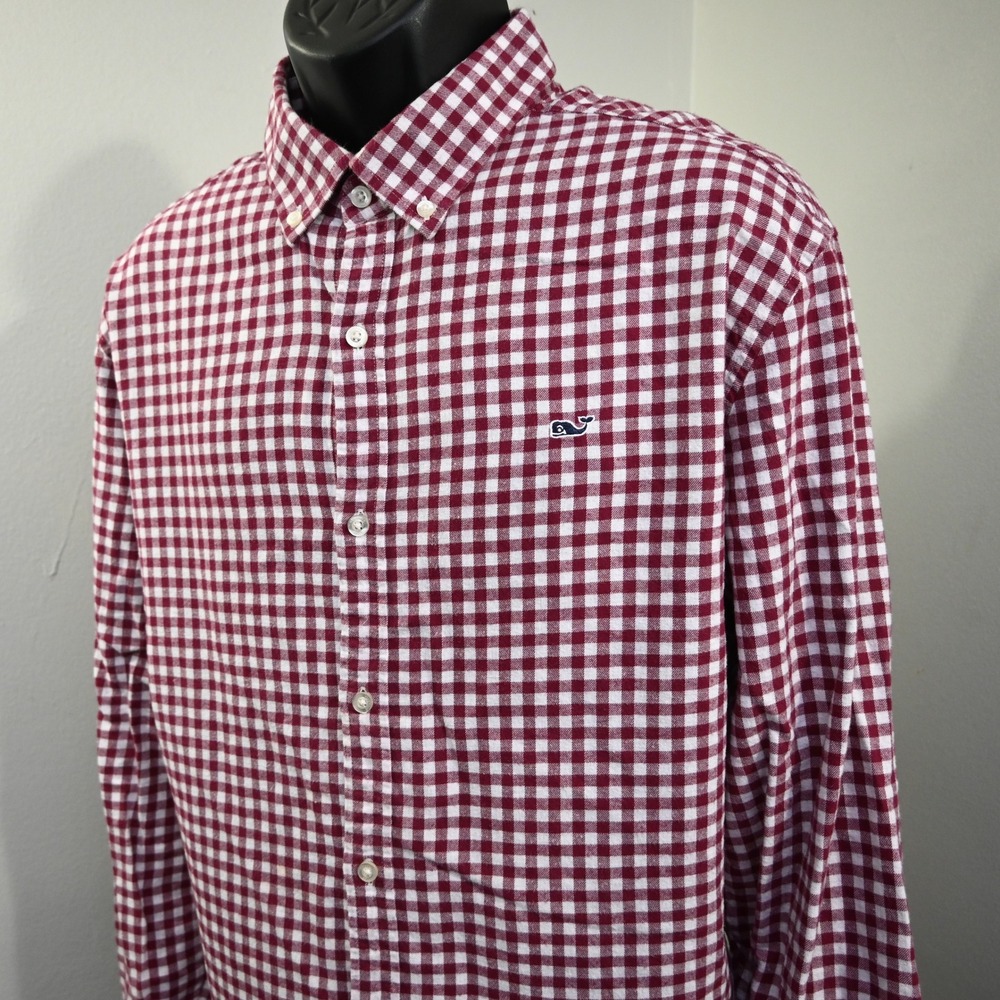 Vineyard Vines Button Down Mens 2XL Burgundy Gingham Whale Shirt Long Sleeve
